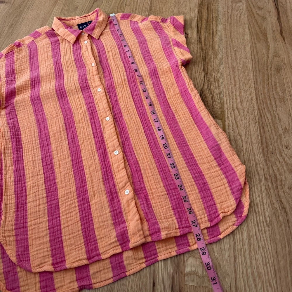 GAP Short Sleeve Button Gauze Cotton Shirt Striped Pink Orange Size Large Tall - Picture 6 of 9